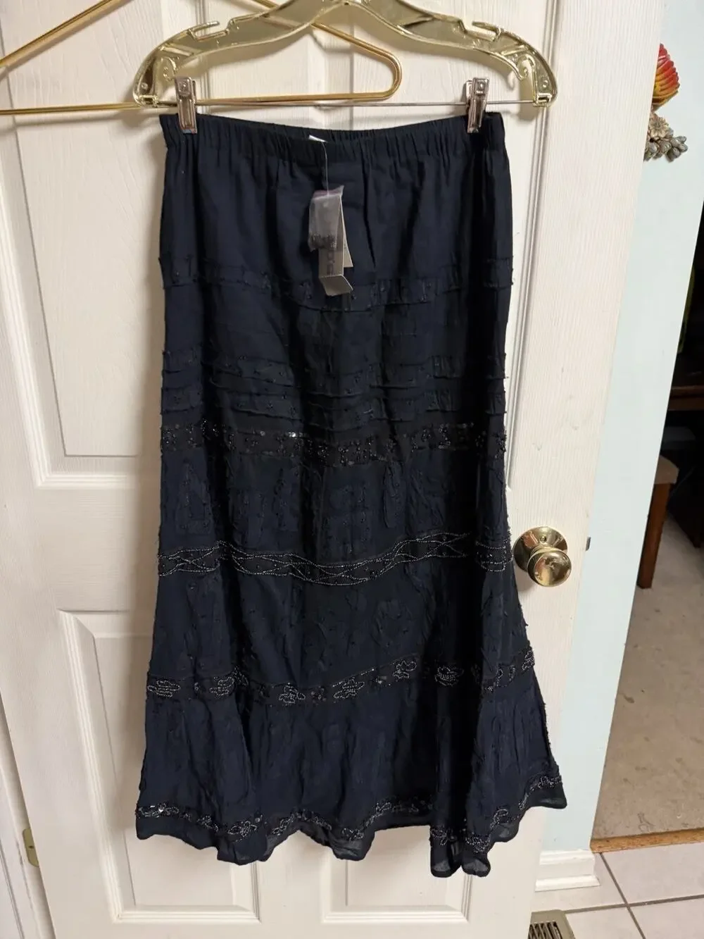 Chico’s black tuscan Crinkle maxi skirt Beaded Textured Hippie 1x 30x37 Boho New